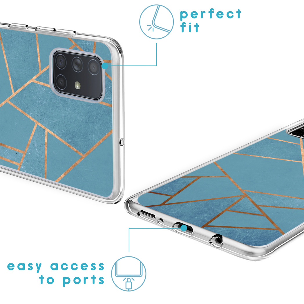 Een telefoonhoesje met een blauw en goud geometrisch patroon en de tekst 'perfect fit'.