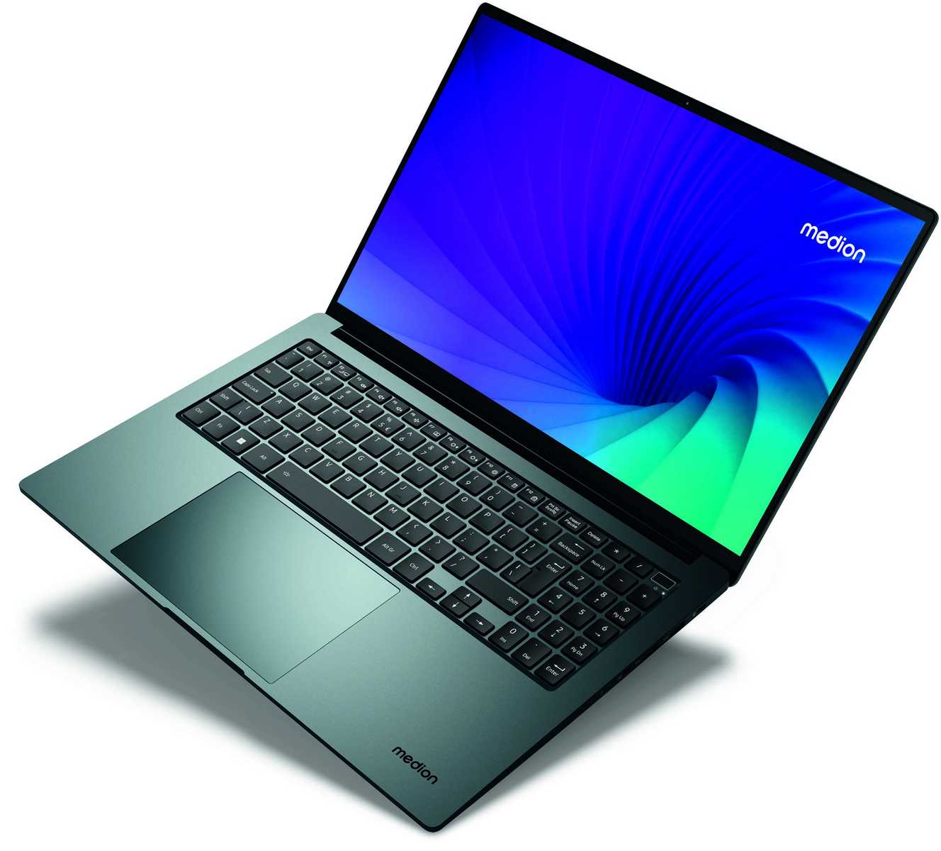 Ordenador portátil verde con teclado negro. La pantalla muestra un degradado azul y verde. El logotipo de Medion está presente.