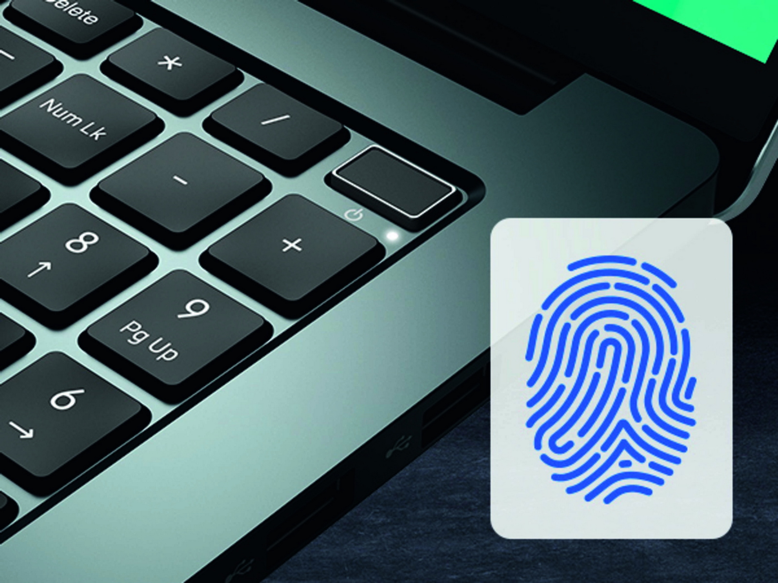 Un primer plano de un teclado de portátil con escáner de huellas dactilares. El fondo es oscuro.