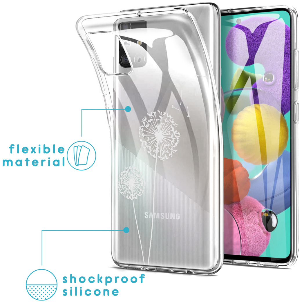 Custodia trasparente con un design di dente di leone. È realizzata in materiale flessibile e silicone antiurto.