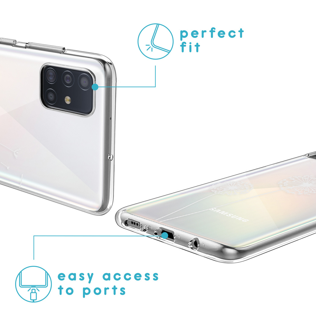 Telefono bianco e custodia trasparente che mostra facile accesso alle porte e perfetta vestibilità.