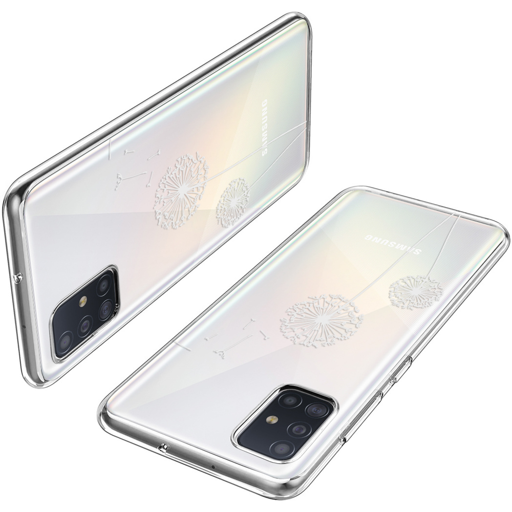 Due telefoni con custodie trasparenti, uno con un design a dente di leone.