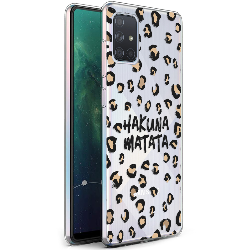 Coque de téléphone avec un motif léopard et les mots 'Hakuna Matata'.
