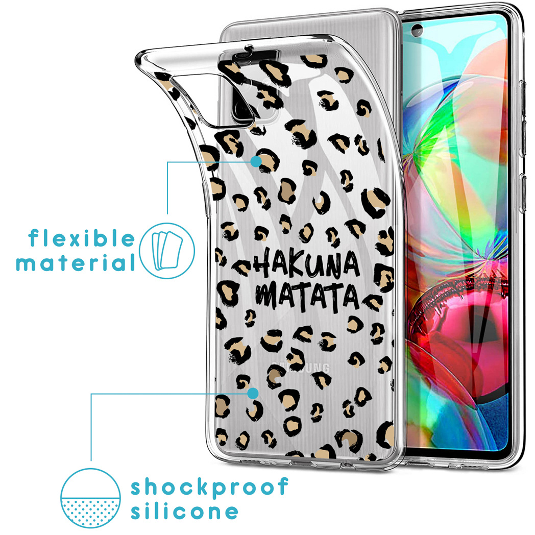 Coque de téléphone transparente avec imprimé léopard et 'HAKUNA MATATA'. Silicone antichoc.