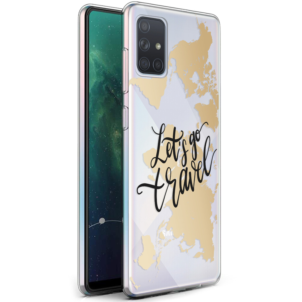 Transparant telefoonhoesje met een gouden kaartontwerp en de tekst 'Let's go travel'. De telefoon zit erin.