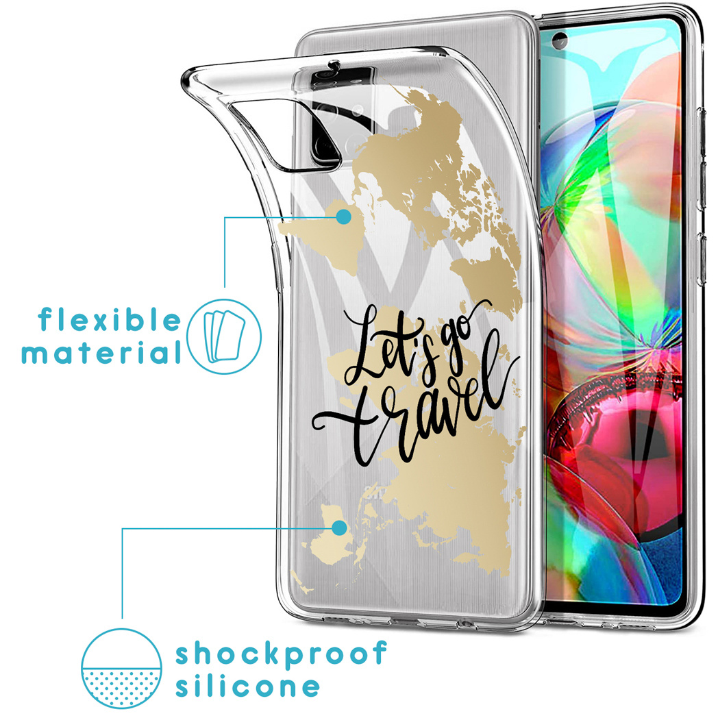 Transparante telefoonhoes met kaartontwerp en 'Let's go travel'. Flexibel materiaal en schokbestendige siliconen.