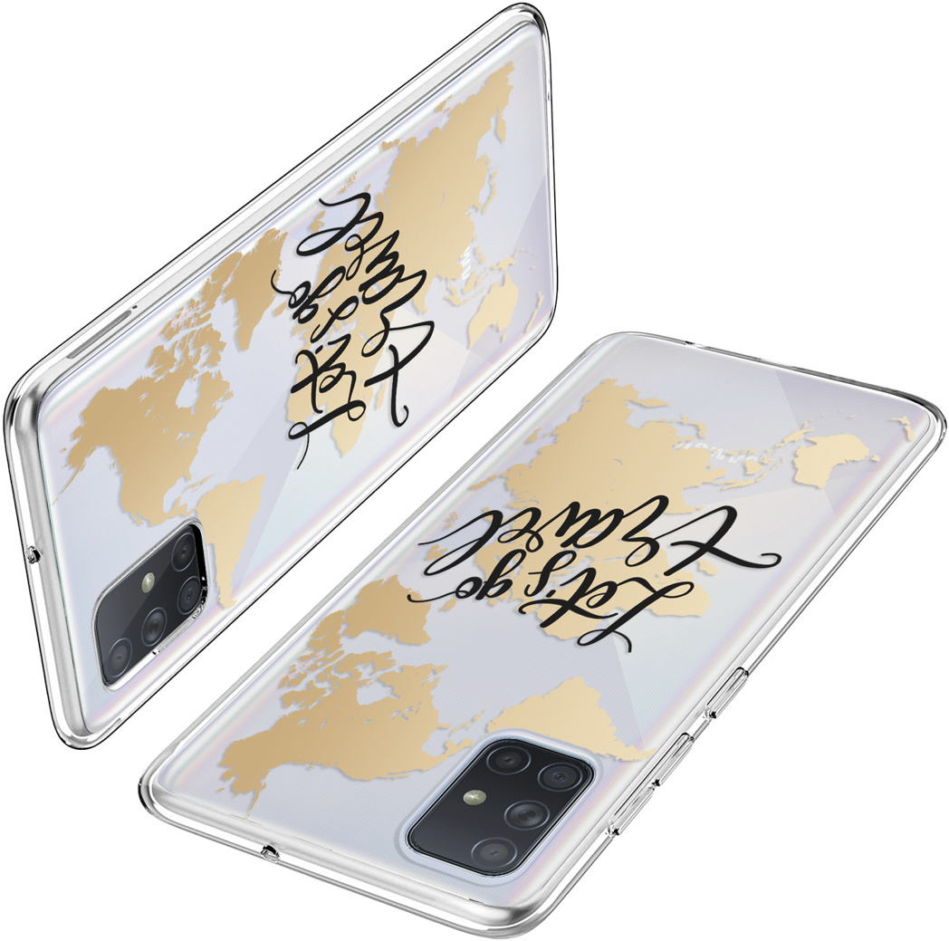 Twee telefoons in doorzichtige hoesjes met een kaart en de tekst "Let's go travel."