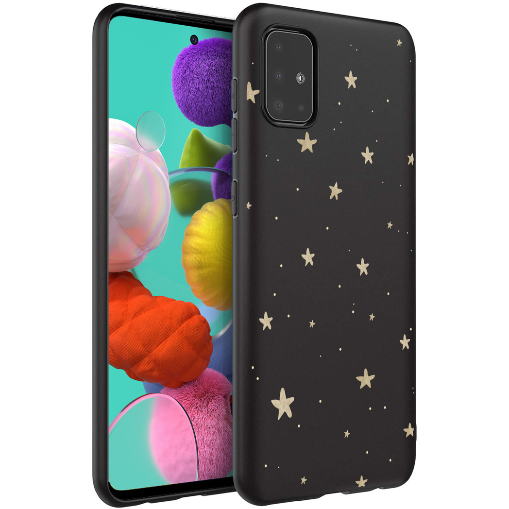 Zwarte telefoonhoes met gouden sterren. De telefoon is zwart en heeft een paarse en roze achtergrond.
