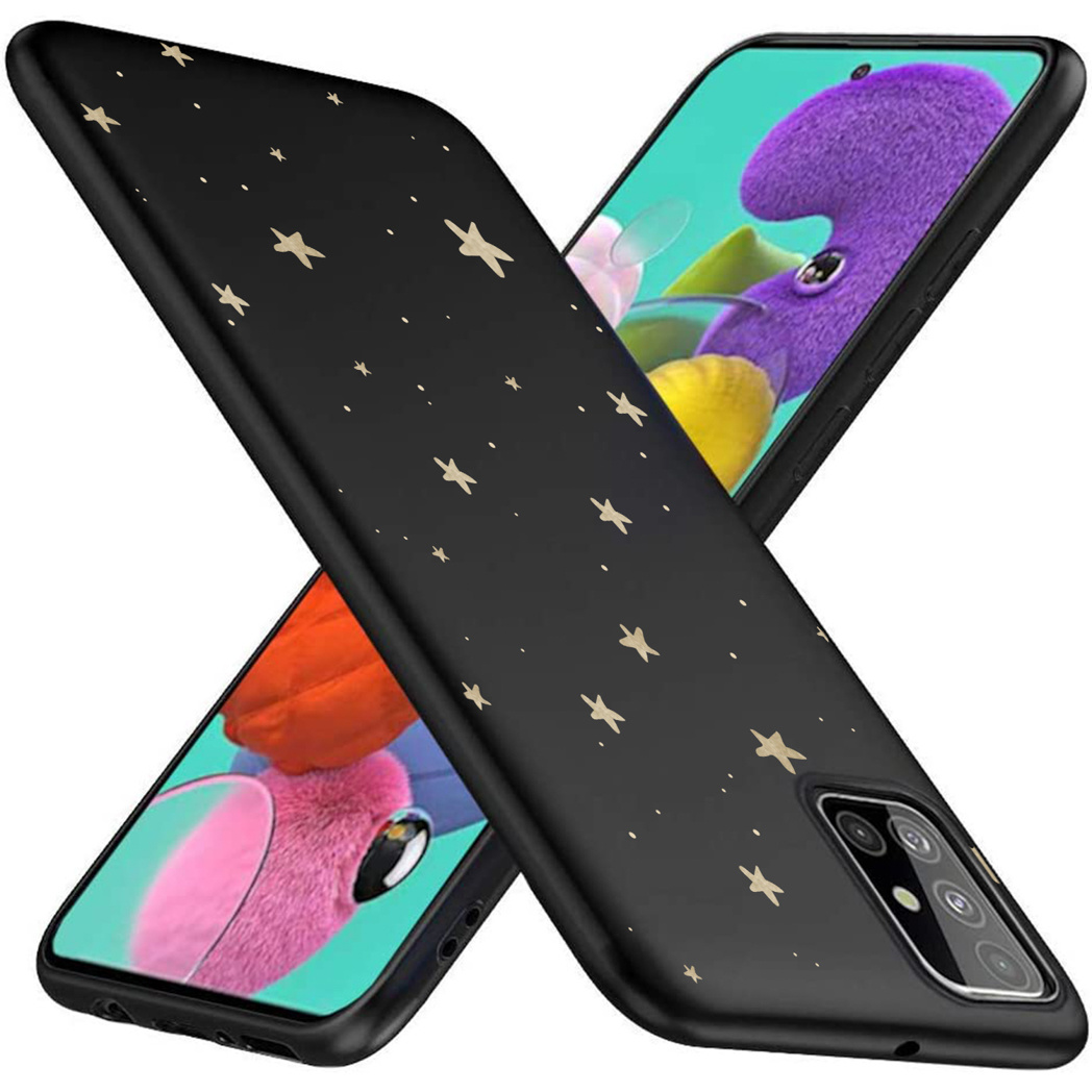 Twee telefoons in zwarte hoesjes met gouden sterren. Eén toont een scherm.