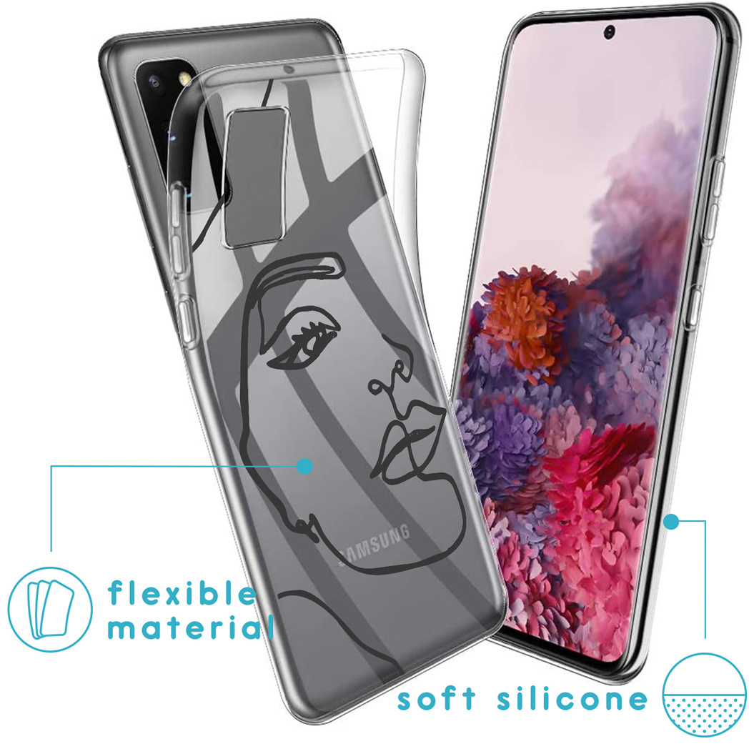 Coque de téléphone transparente avec un dessin de visage et le mot Samsung.