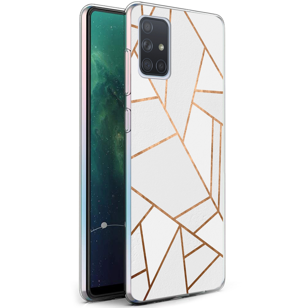 Coque de téléphone blanche avec lignes géométriques dorées. Téléphone à gauche. Fond blanc.