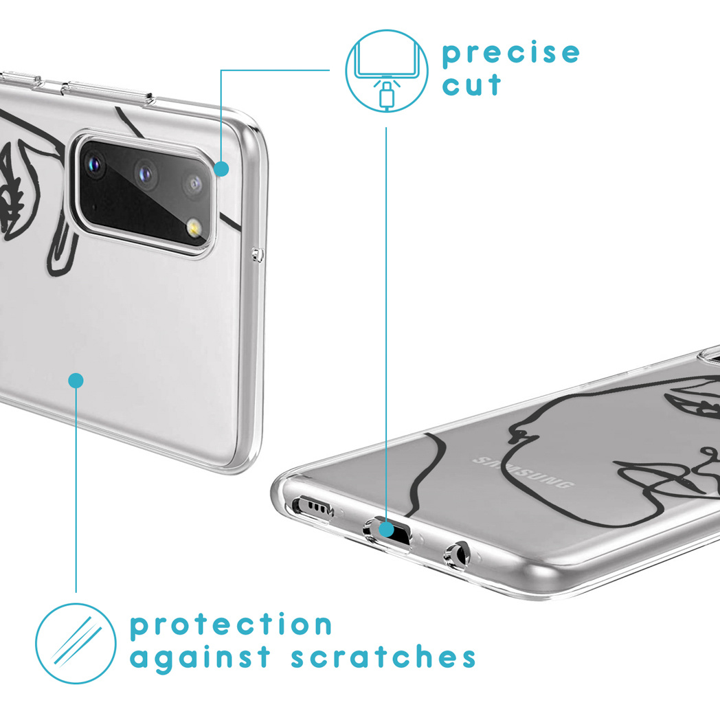 Coque de téléphone transparente avec un visage en art linéaire, montrant l'arrière.
