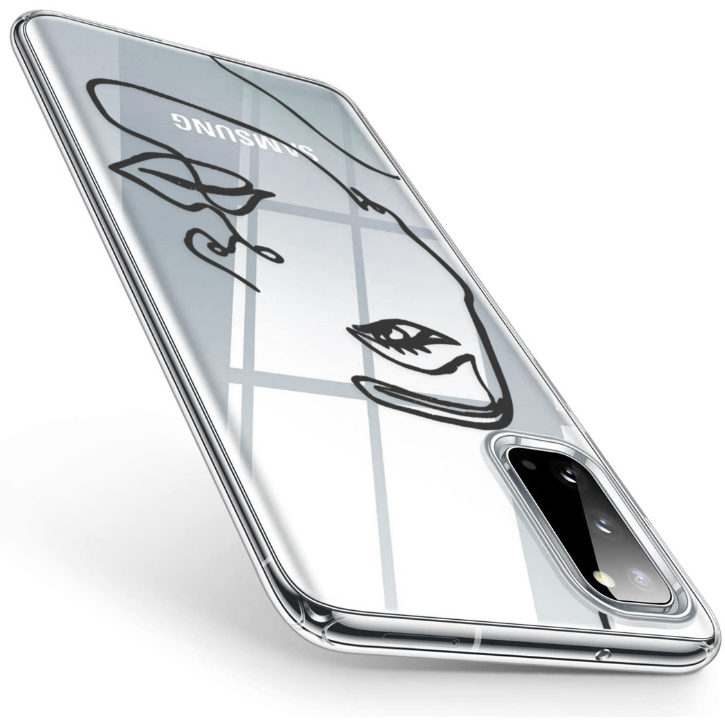 Une coque de téléphone avec un contour de visage dessus.