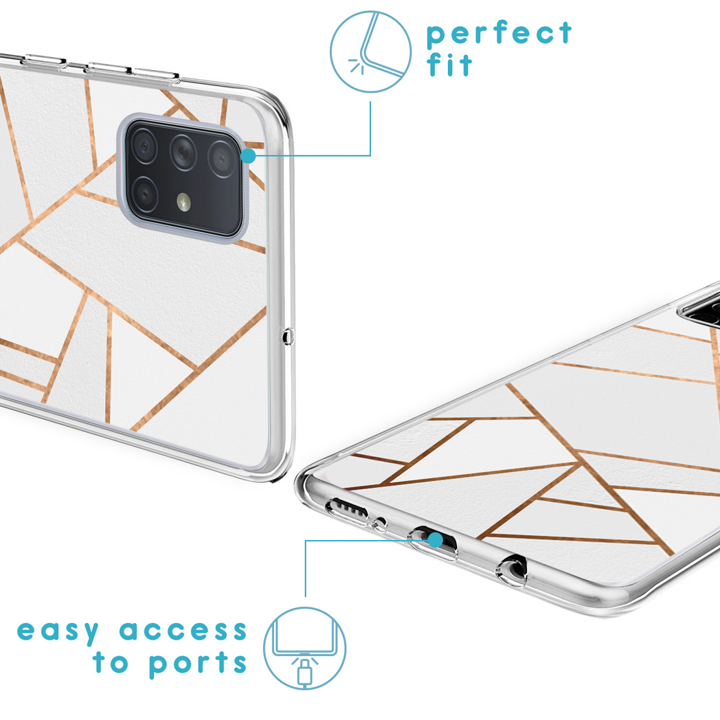 Coque de téléphone avec motif géométrique blanc et accents or rose. Détails sur l'ajustement parfait.