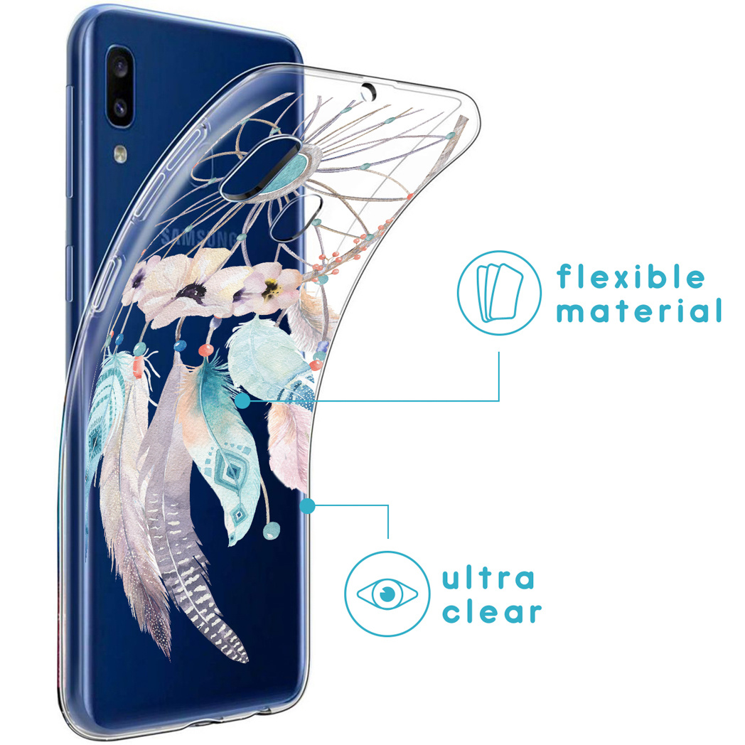 Handyhülle mit floralem Design und einer transparenten Seite, mit einem blauen Telefon.