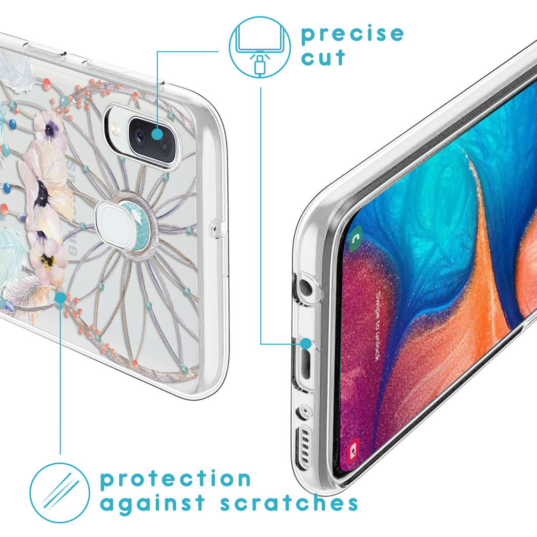 Eine Handyhülle mit Traumfänger-Design. Die Hülle ist transparent mit blauem Text und einem Diagramm.