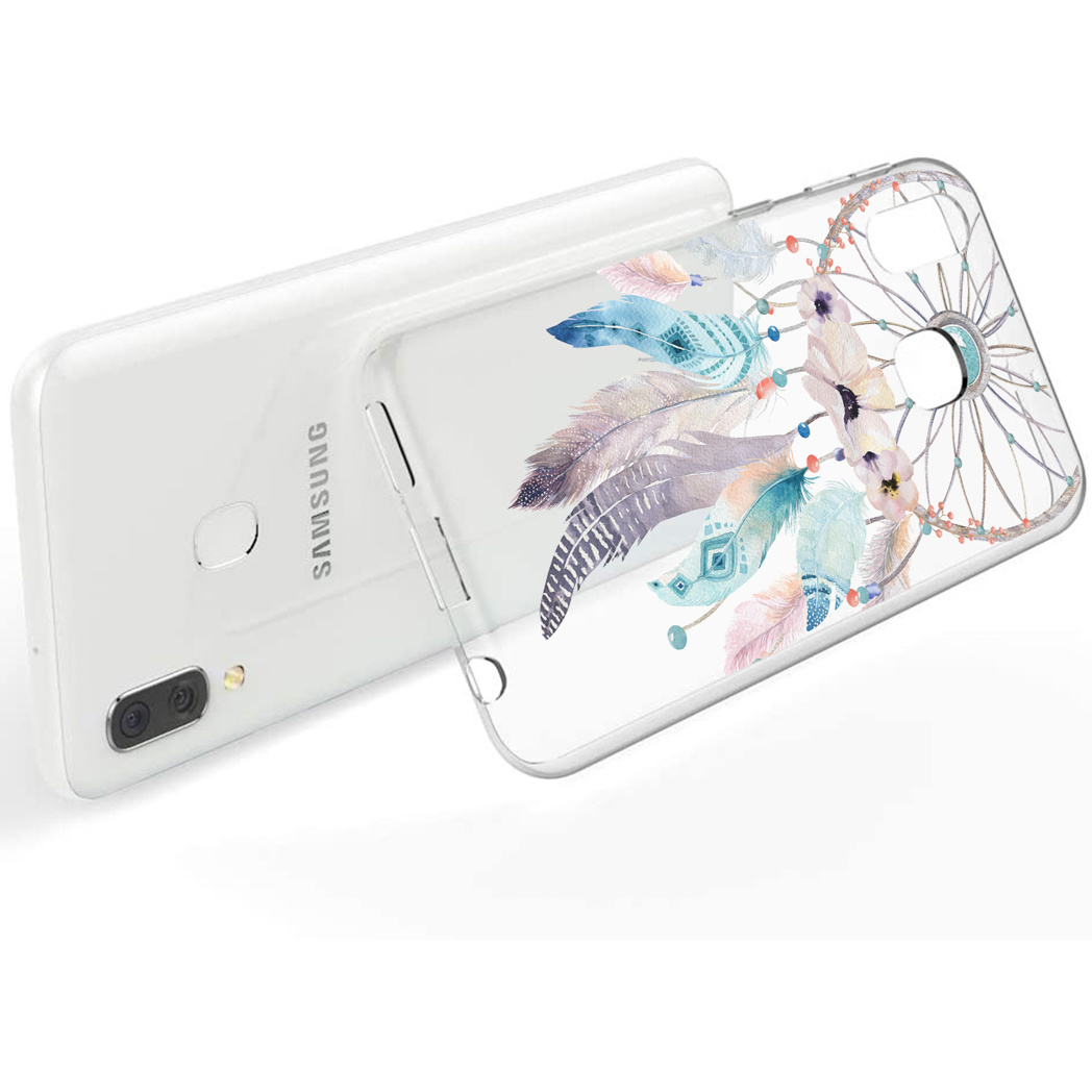 Transparente Handyhülle mit Traumfänger-Design, Federn und Perlen, Telefon innen sichtbar.