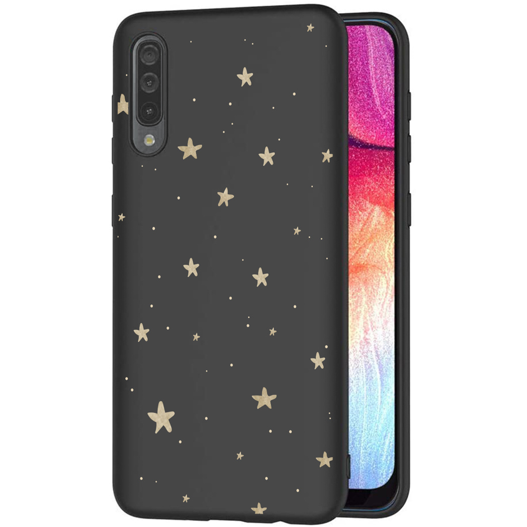 Zwart telefoonhoesje met gouden sterrenpatroon op een zwarte ondergrond.