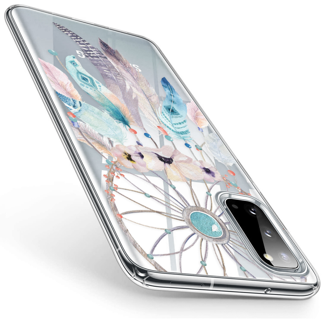 Transparant telefoonhoesje met veren, bloemen en dromenvanger ontwerp.