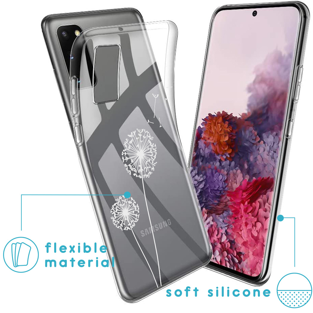 Transparant telefoonhoesje met paardenbloemontwerp, flexibel materiaal en zachte siliconen.