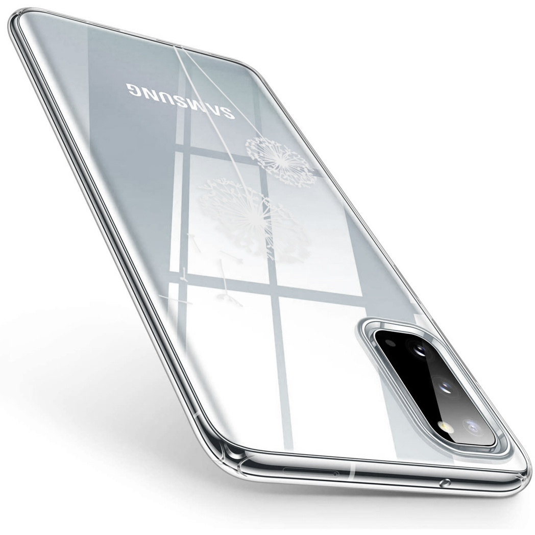 Transparante telefoonhoes met een paardenbloemontwerp, licht reflecterend, naast een telefoon.