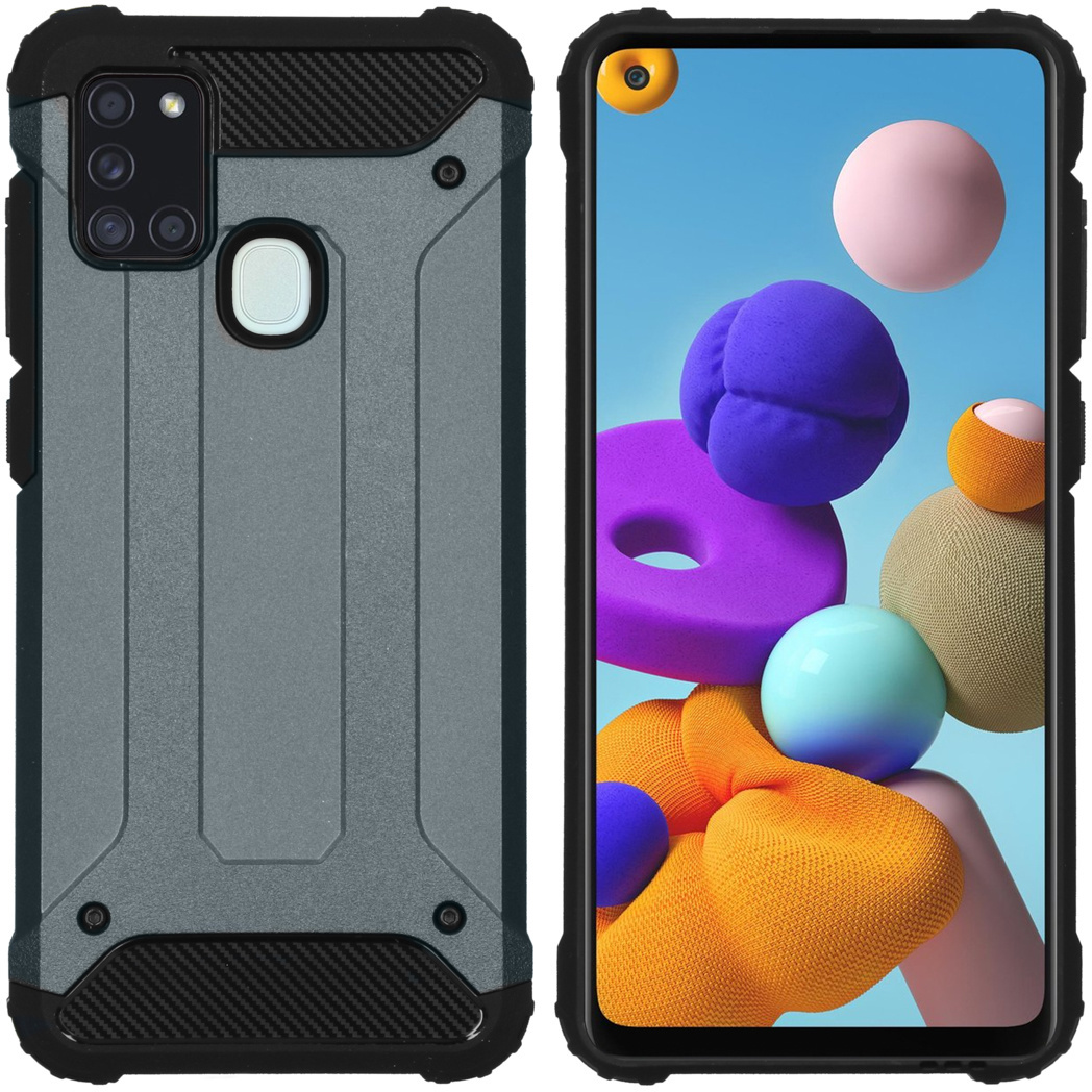 Une coque de téléphone grise à gauche et un écran de téléphone affichant des formes colorées à droite.