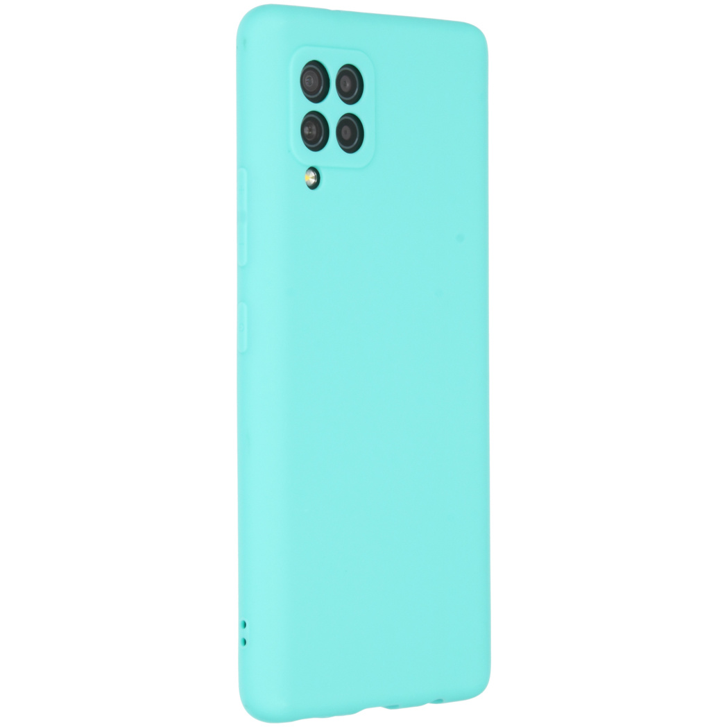 Primo piano di una custodia per telefono azzurra con modulo fotocamera e pulsanti laterali.