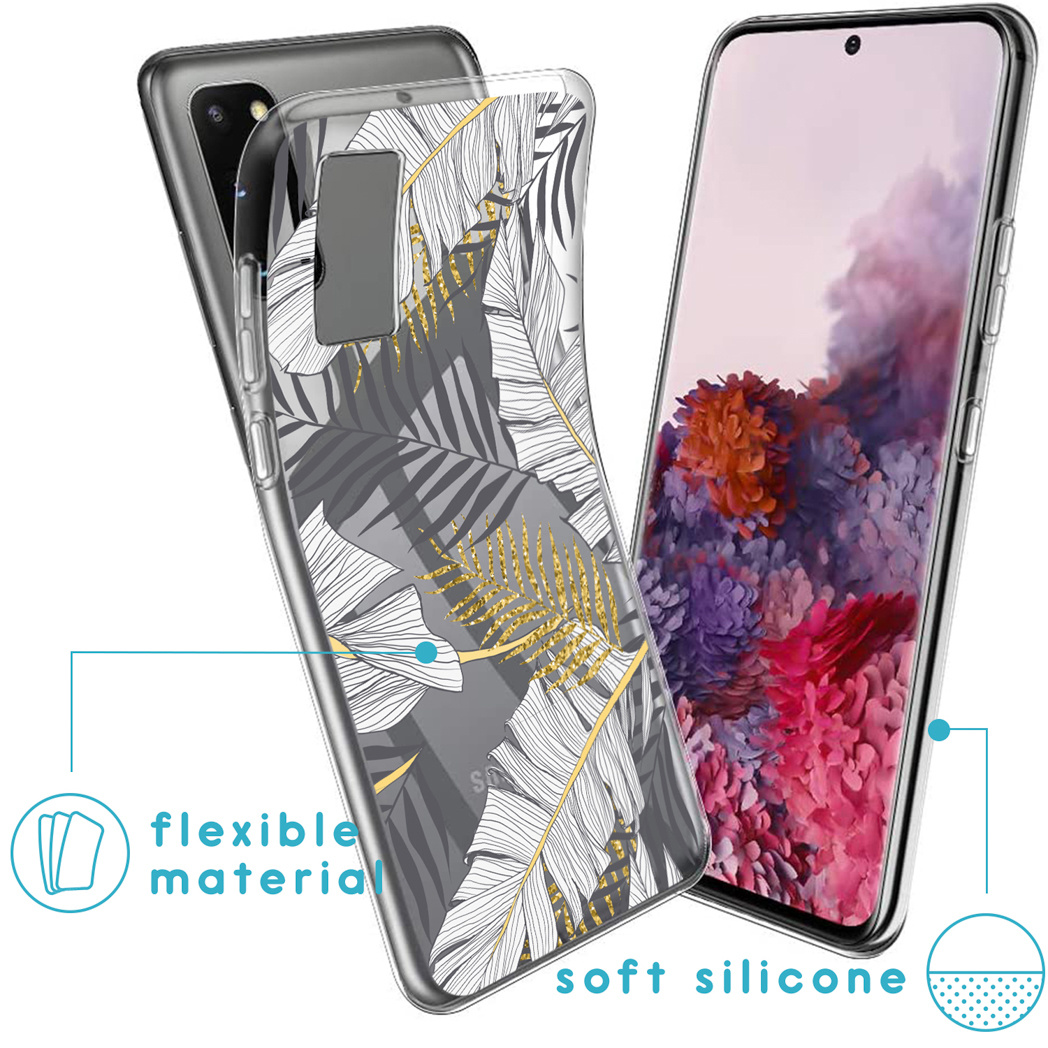 Transparant telefoonhoesje met grijs en goud bladerdesign, flexibel materiaal.