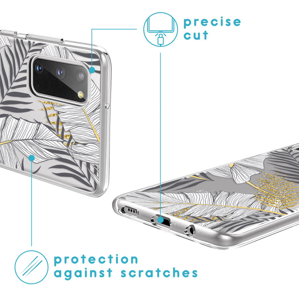 Transparant telefoonhoesje met blad design. Pijlen wijzen naar de case. Witte achtergrond.