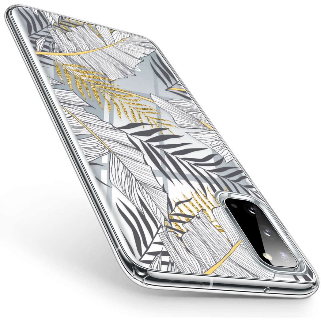 Transparant telefoonhoesje met een bladeren design. De telefoonhoes is transparant en er is een telefoon zichtbaar.