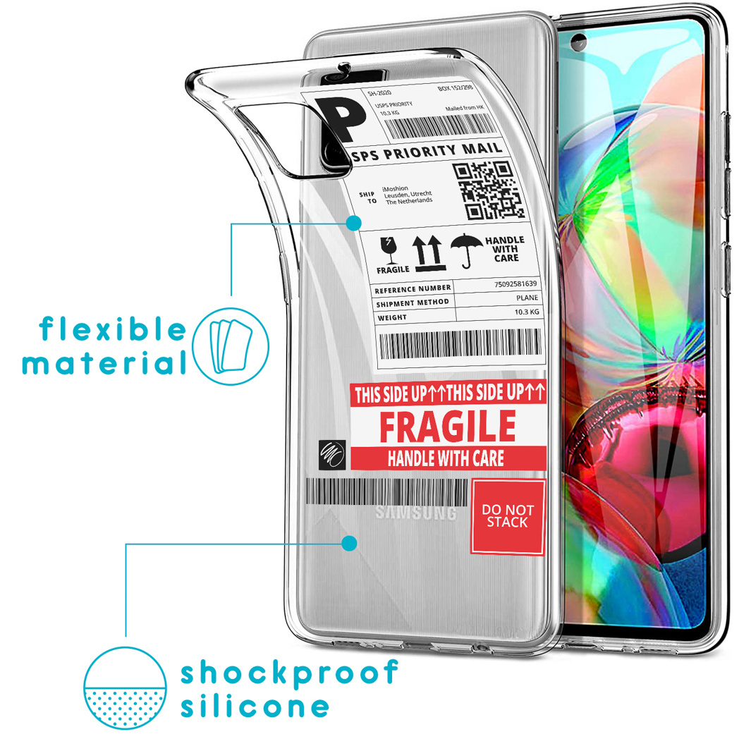 Transparante telefoonhoes met verzendlabel-afbeelding, tekst: fragiel, voorzichtig behandelen, op telefoon.