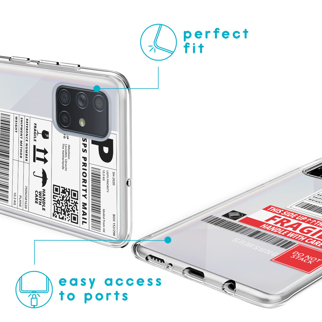 Transparante telefoonhoes met verzendlabel, op witte achtergrond, met tekst 'perfect fit'.