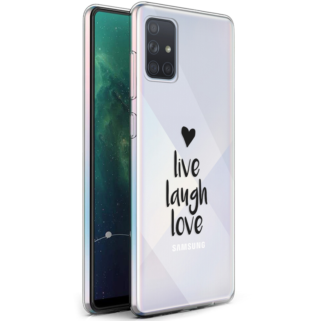 Een telefoonhoesje met de woorden 'live laugh love' en een zwart hart op een witte achtergrond.