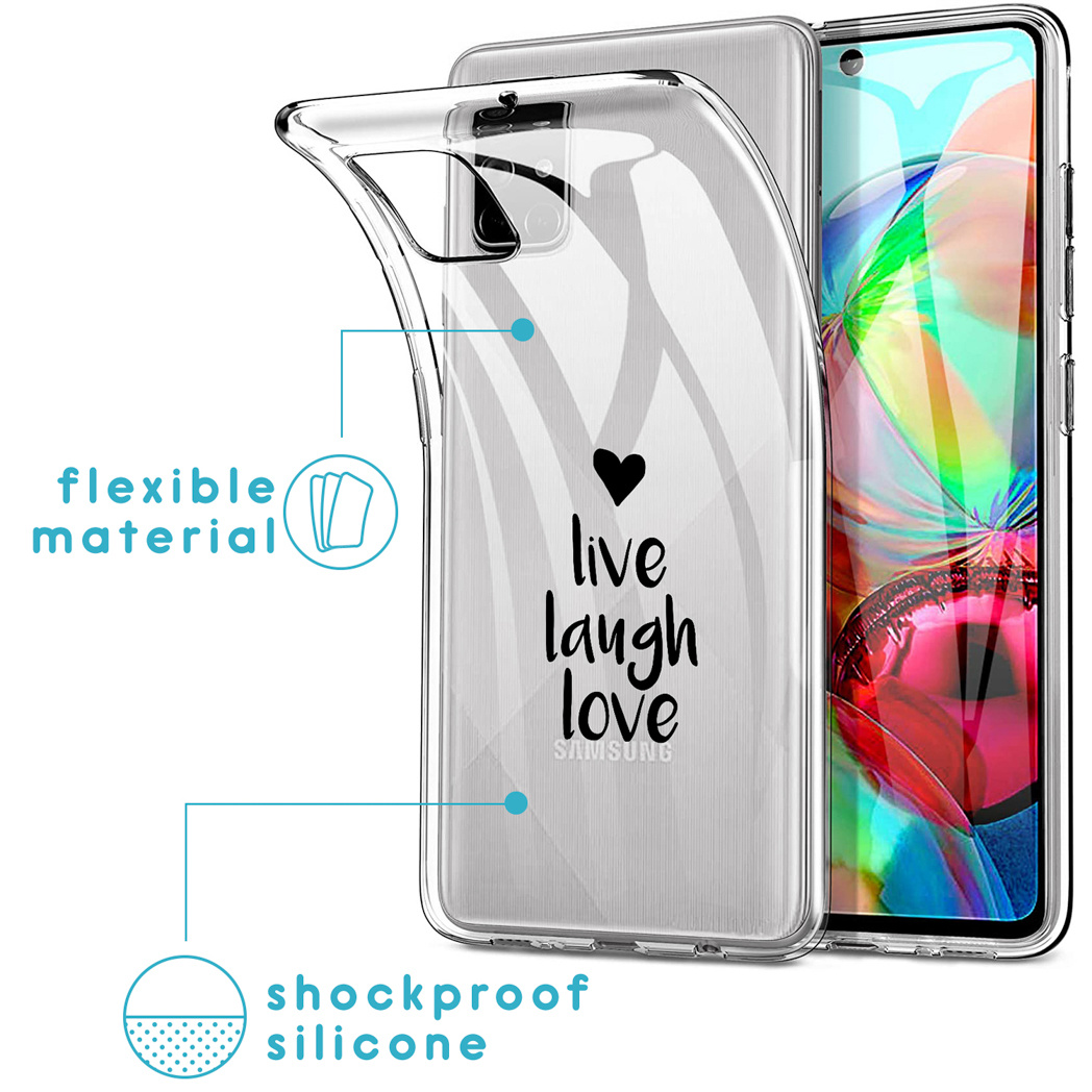 Transparante telefoonhoes met “live laugh love” tekst en telefoon.