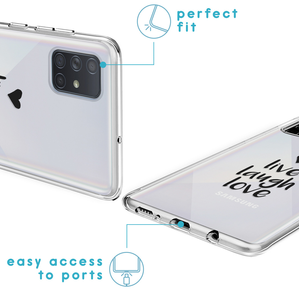 Transparant telefoonhoesje met de woorden 'live laugh love' en een hart, met labels die wijzen op perfecte pasvorm.