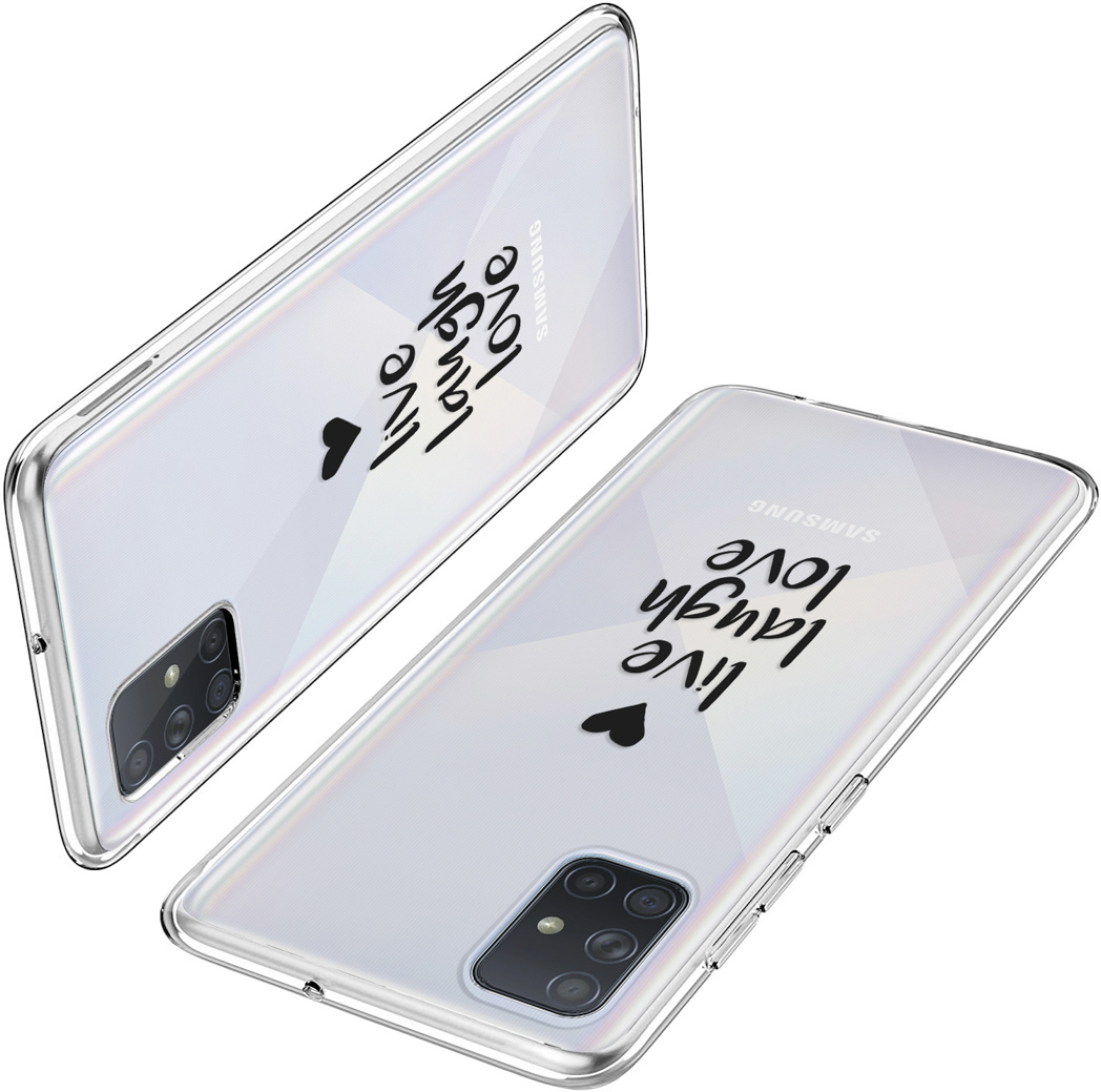 Twee telefoons met doorzichtige hoesjes. Tekst op de hoesjes: Live Laugh Love, en een hart. Witte achtergrond.