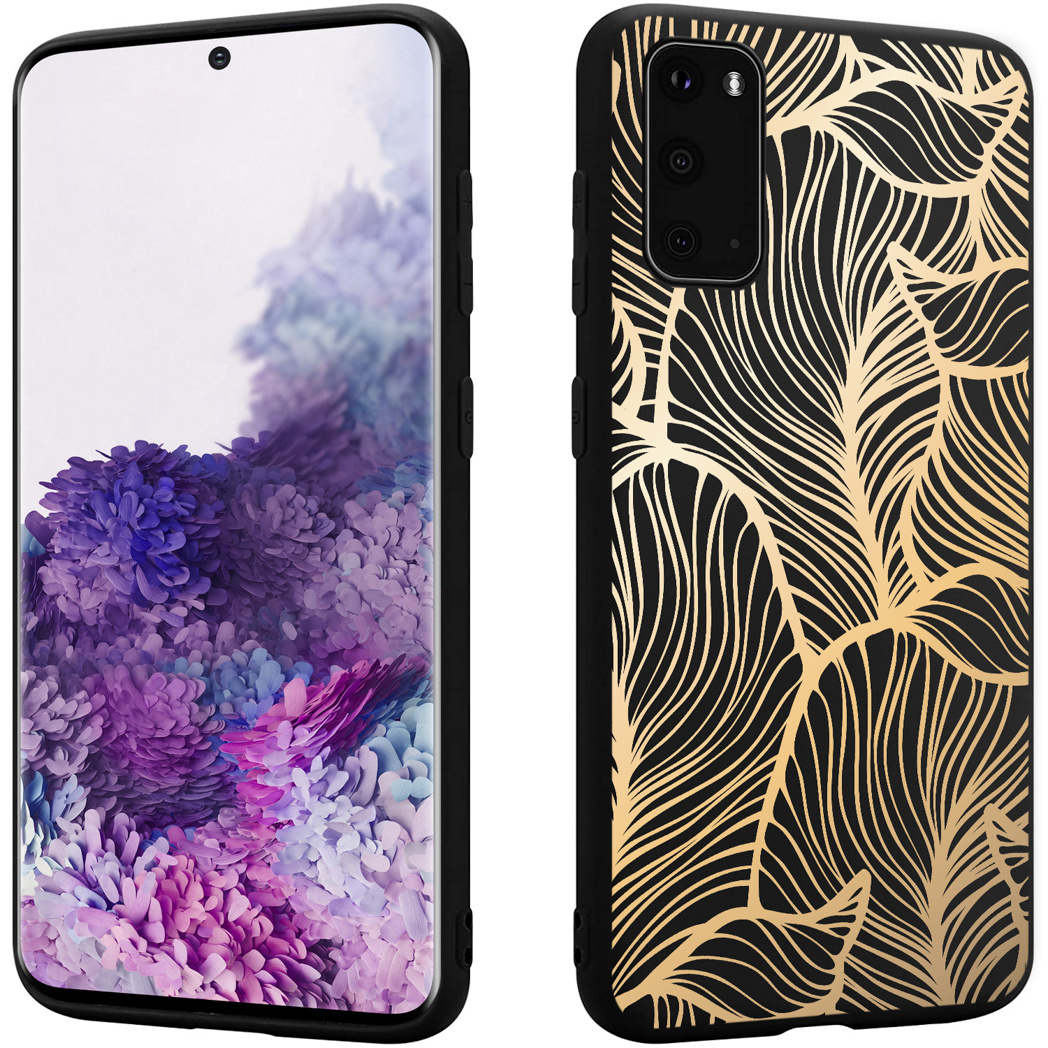 Deux téléphones. Un téléphone a un étui noir avec un motif de feuilles dorées. L'autre téléphone est derrière.