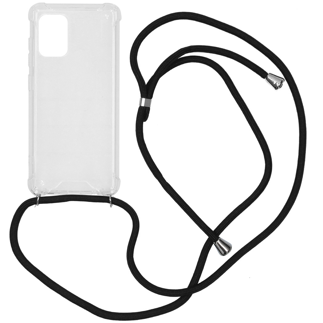 Transparant telefoonhoesje met een zwart koord. Witte achtergrond.