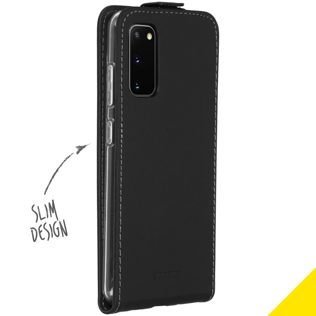Custodia per telefono nera con cuciture bianche, design sottile. È aperta per mostrare il telefono.