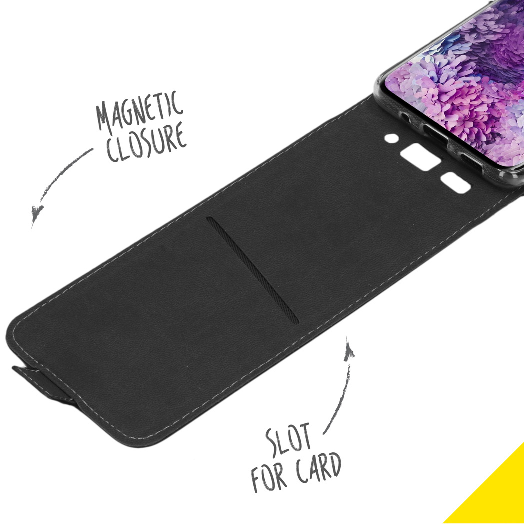 Custodia per telefono nera, aperta, che mostra uno slot per schede e lo schermo del telefono con sfondo viola.
