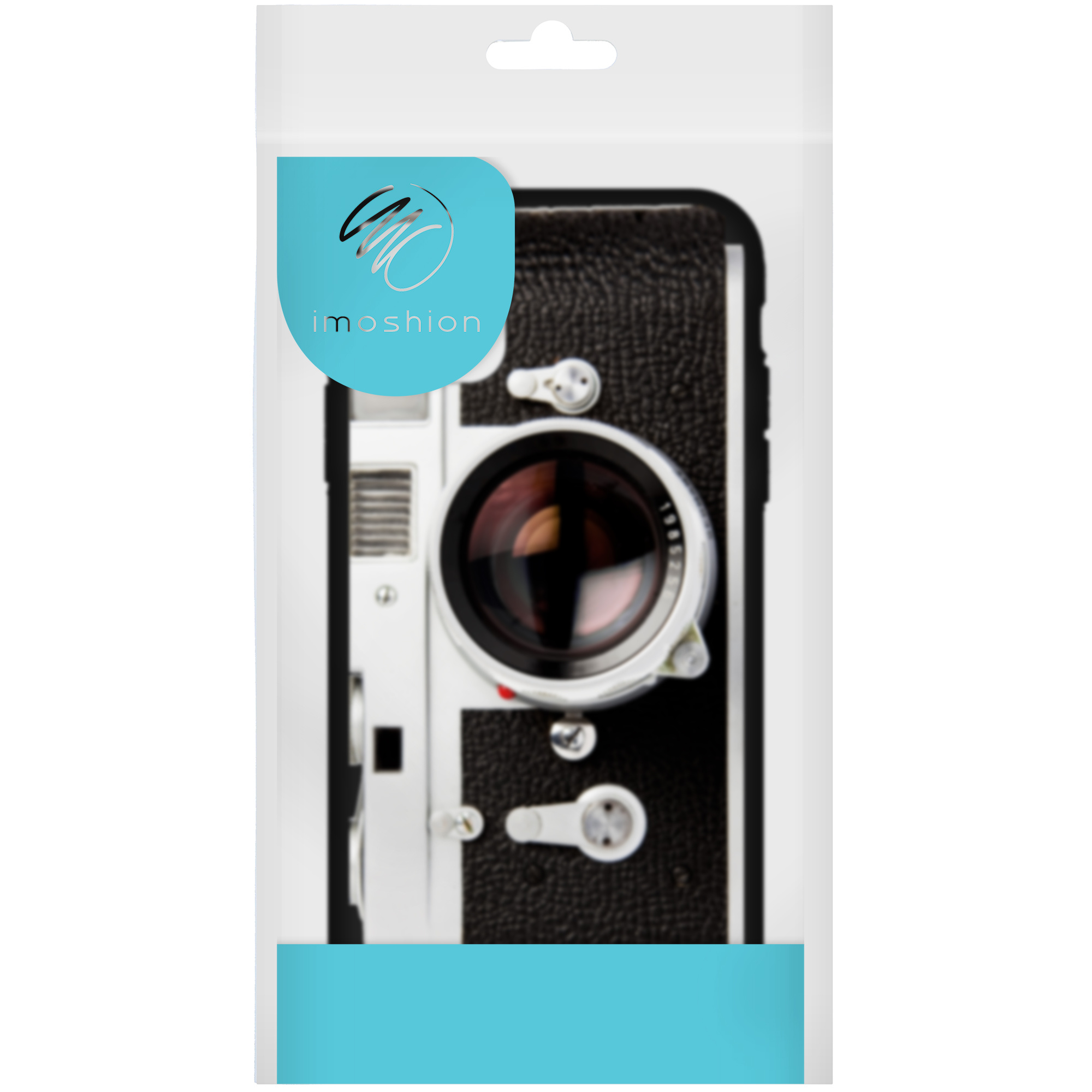 Camerahoes in plastic verpakking. Zwarte hoes met logo.