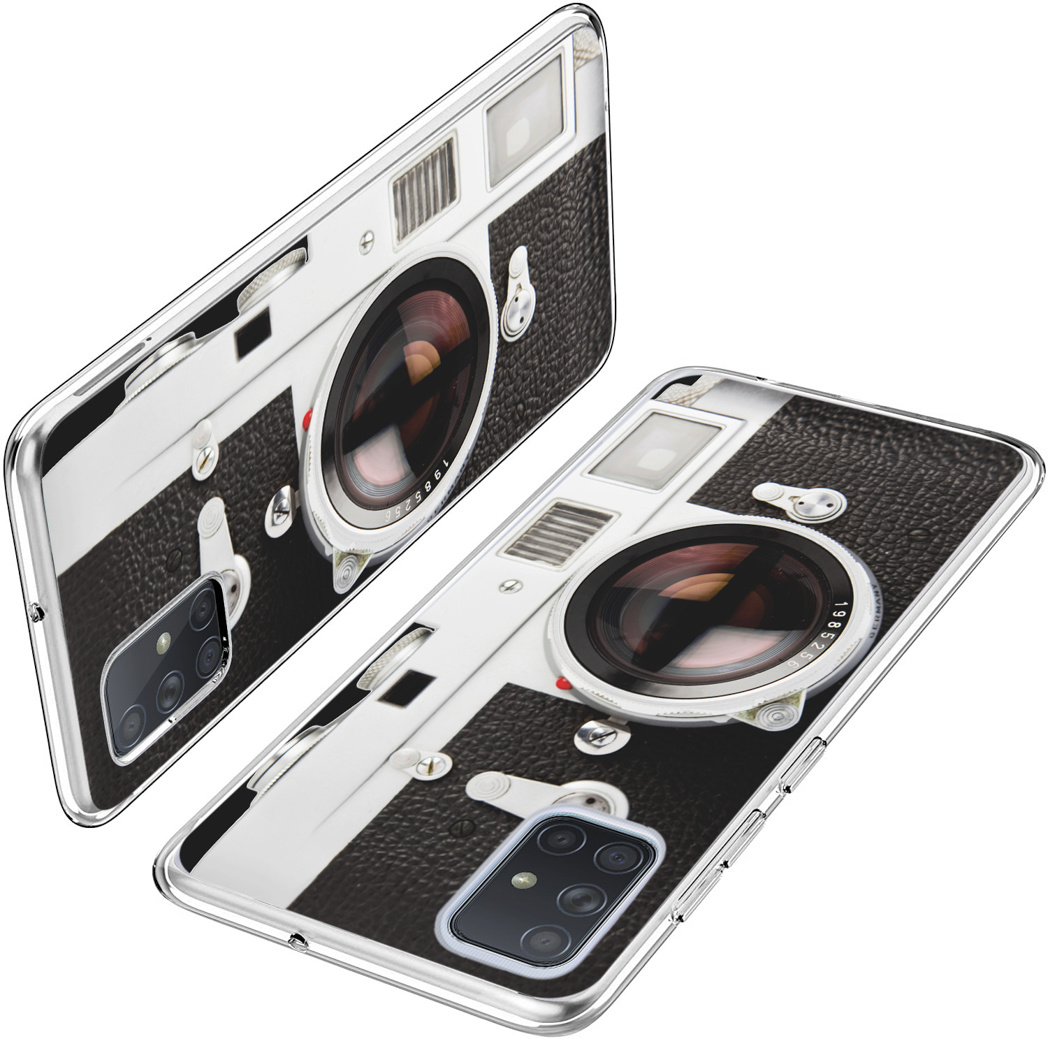 Telefoonhoesje met cameradesign. Zwart en zilver zijn zichtbaar.