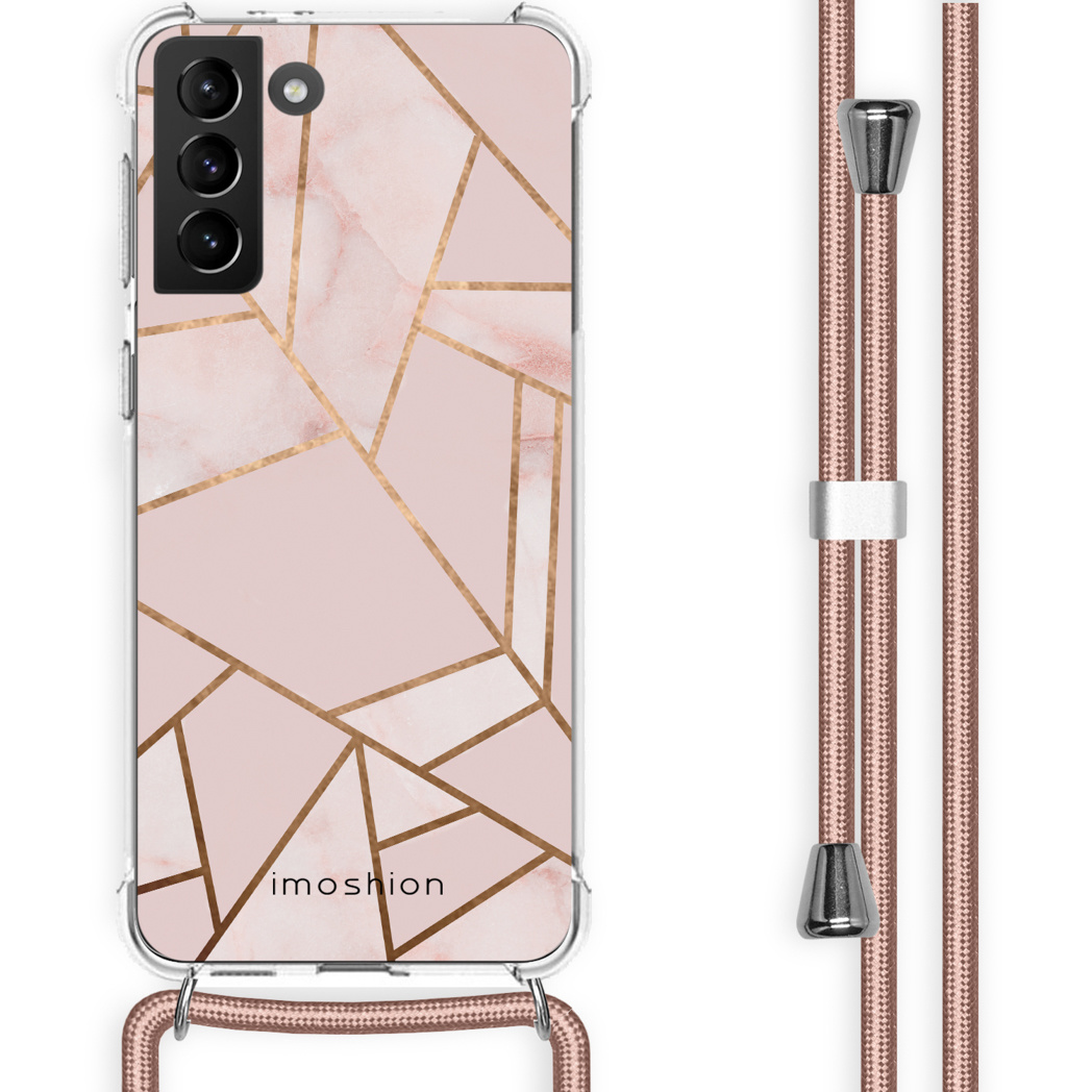 Étui rose avec un design géométrique doré et une sangle de téléphone rose. Le logo de la marque est 'imoshion'.