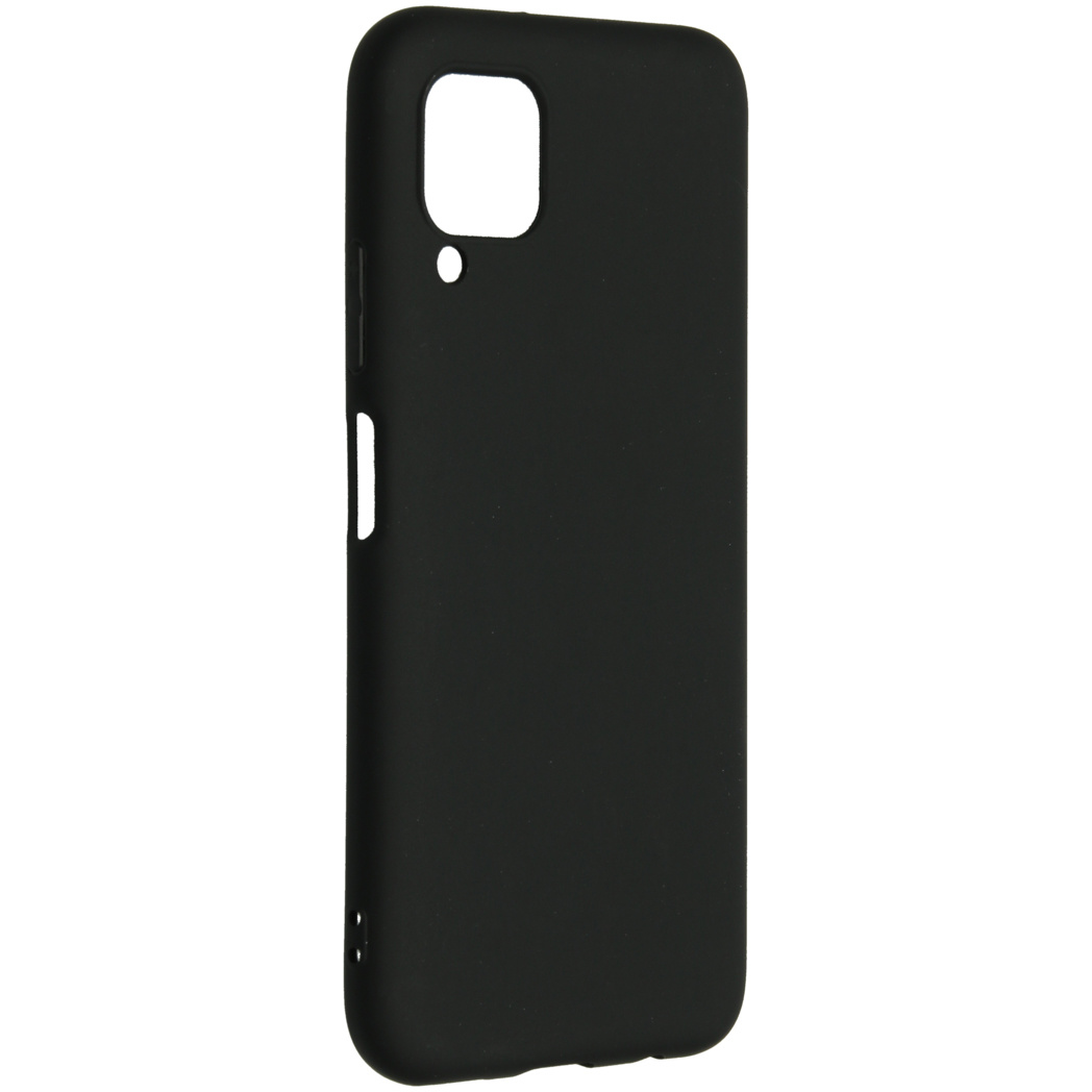 Custodia per telefono nera. La custodia ha ritagli per la fotocamera e i pulsanti. Sfondo bianco.