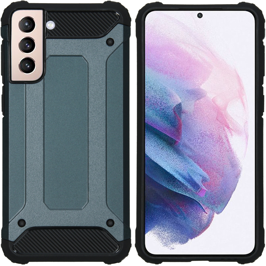 Tweekleurige telefoonhoes, zwart frame met teal achterkant. De telefoon is geplaatst.