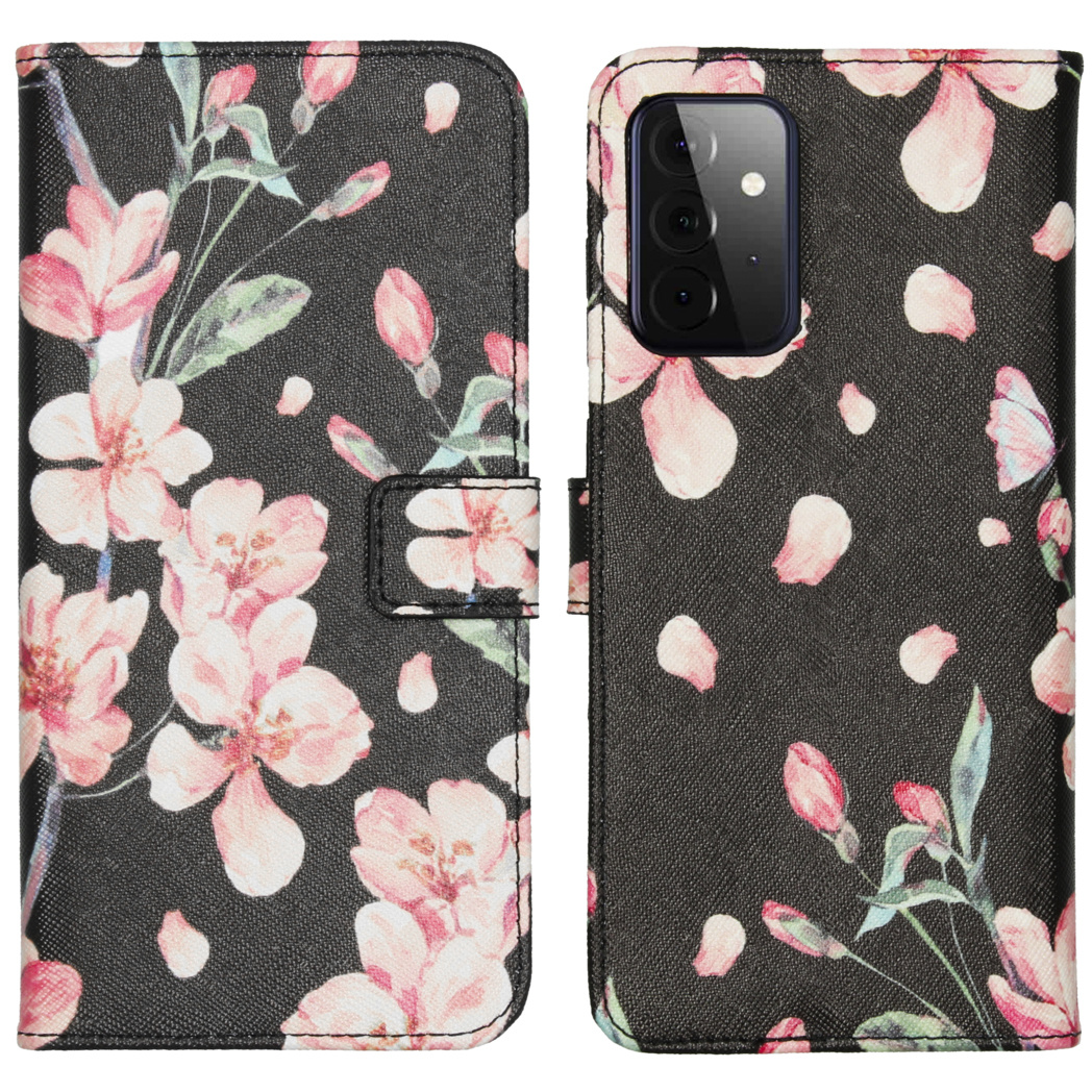 Coque de téléphone noire avec un motif de fleurs roses, sur fond noir.