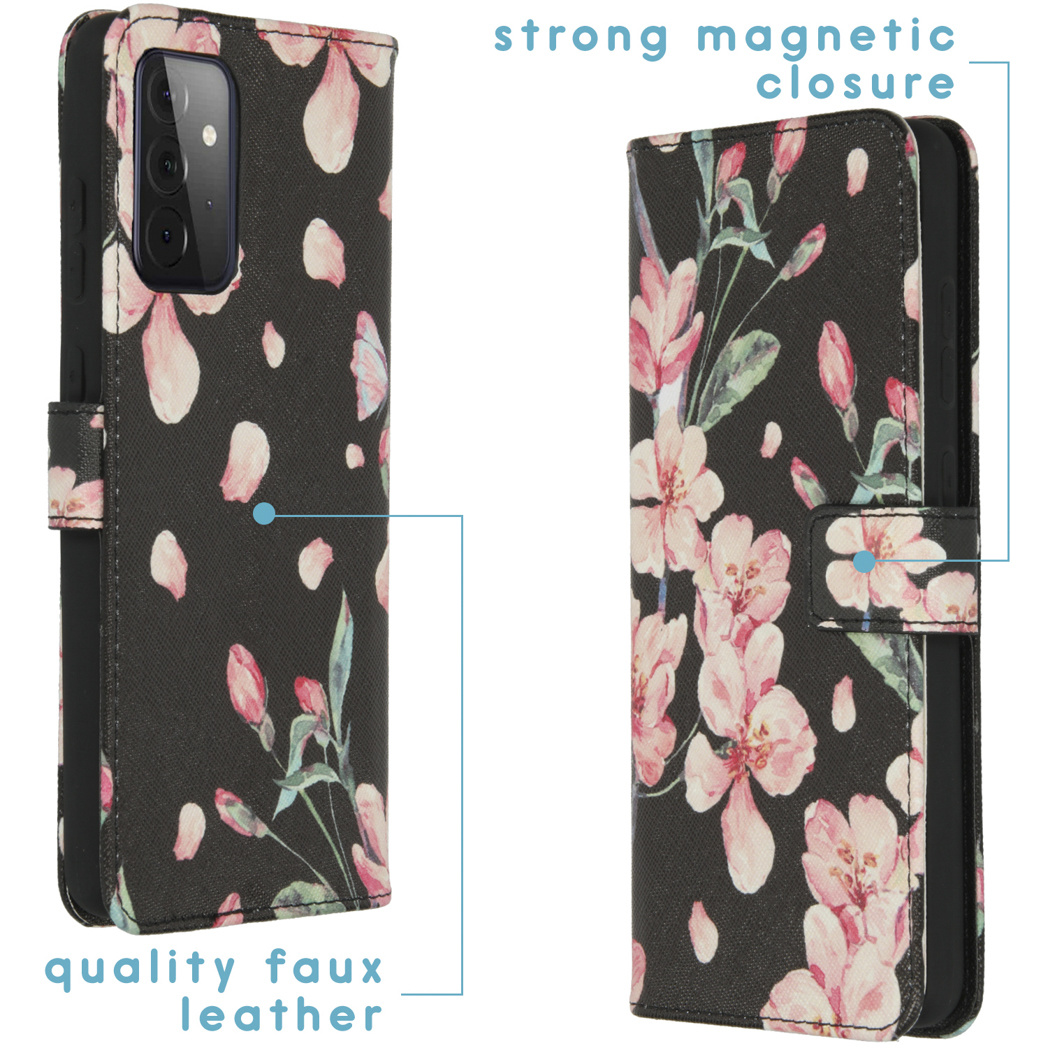 Coque de téléphone avec des fleurs roses. La coque est à gauche. Fond noir. Texte : 'strong magnetic closure'.