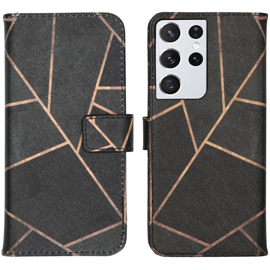 Zwart en gouden telefoonhoesje, geometrisch patroon, open en gesloten weergave.