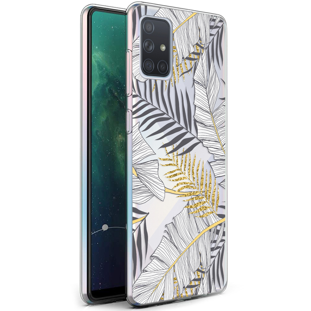Telefoonhoesje met wit en goud bladerontwerp.