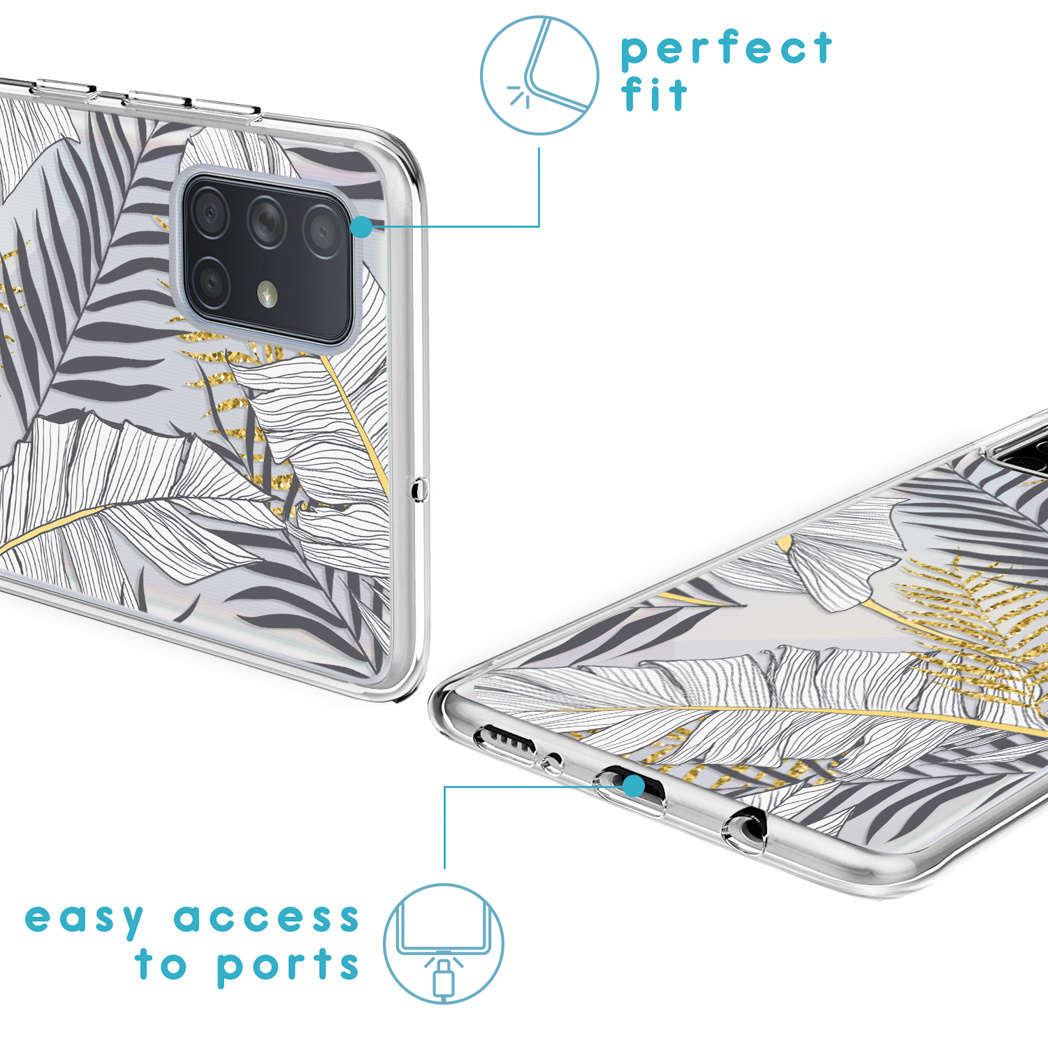 Transparante telefoonhoes met palmblad ontwerp, pijlen en labels.